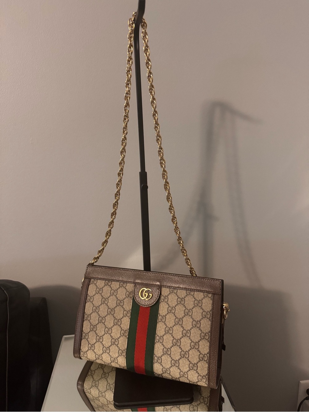 Gucci Beige GG Supreme Shoulder Bag with Green and Red Stripe